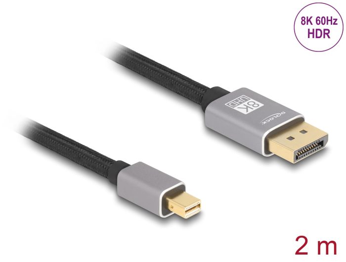 Delock Кабел Mini DisplayPort към DisplayPort, 8K, 60 Hz, 2 m - Видео кабели - снимка 2