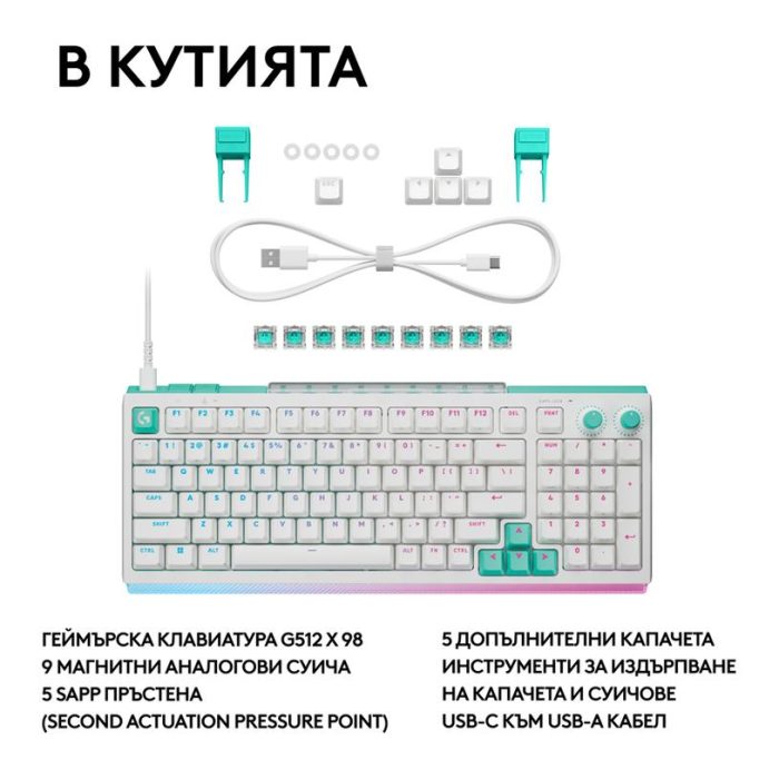 Геймърска механична клавиатура Logitech G512 X 98 - Dual Swap Analog/Mechanical Switch - White - Геймърски клавиатури gaming - снимка 6