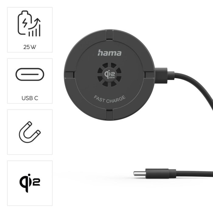 HAMA Безжично зарядно устройство Qi2 25W, бързо зареждане, черно - Зарядно за телефон - снимка 6