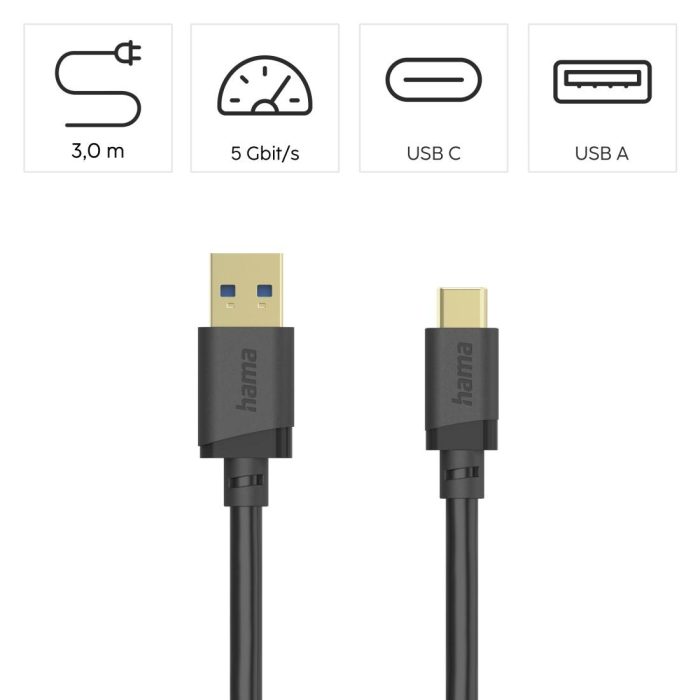 HAMA Кабел USB-A - USB-C 3.2 Gen.1 мъжко, 3.0 м, 5GBit/s - Кабели за телефони - снимка 6