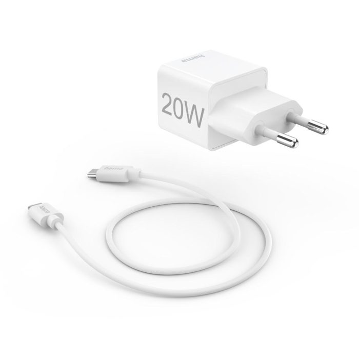 HAMA Комплект бързо мини зарядно с USB-C кабел за зареждане, PD, 20W, 1 м, бяло - Зарядно за телефон - снимка 3