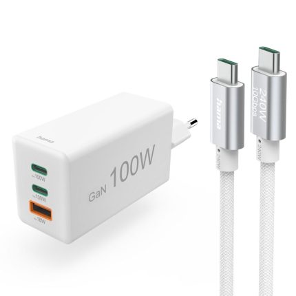 HAMA Комплект Бързо зарядно и кабел за зареждане, 100 W GaN, 2x USB-C PD, 1x USB-A QC - Зарядно за телефон
