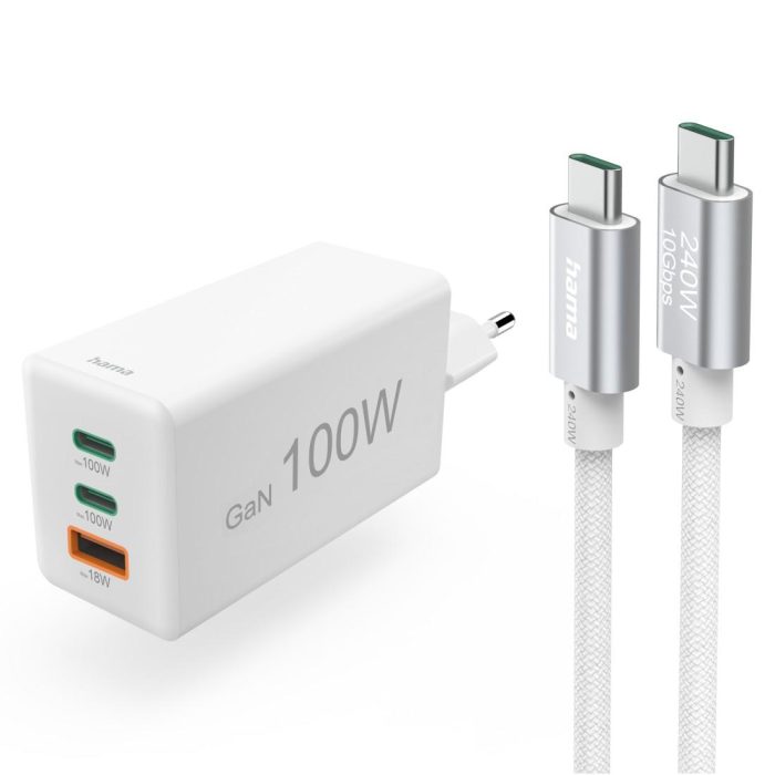 HAMA Комплект Бързо зарядно и кабел за зареждане, 100 W GaN, 2x USB-C PD, 1x USB-A QC - Зарядно за телефон - снимка 9