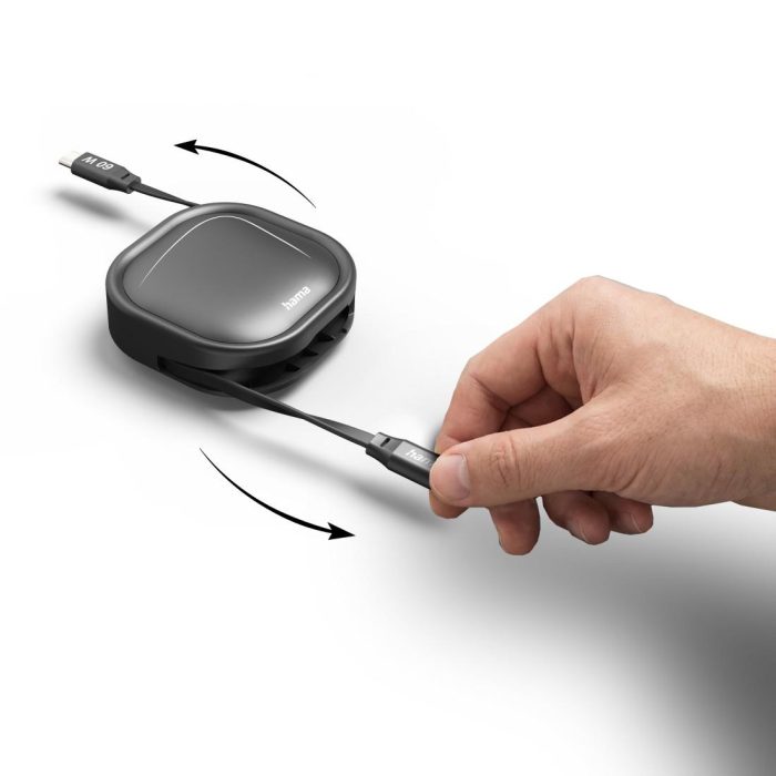 HAMA Прибиращ се кабел за зареждане, USB-C - USB-C, 60 W, 1 м - Кабели за телефони - снимка 4