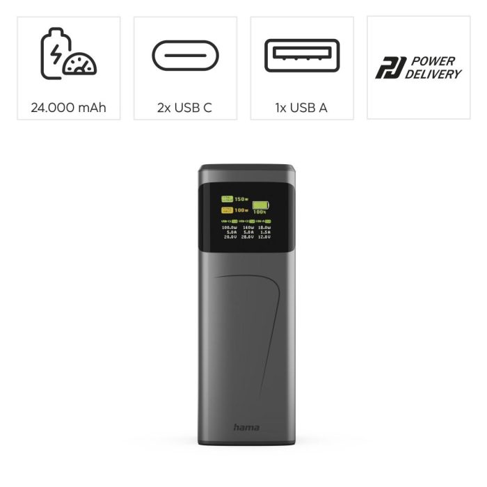 HAMA Външна батерия “High Power”, 150 W, 24000 mAh, 2x USB-C, USB-A, бързо зареждане - Power Bank - снимка 9