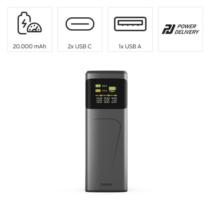 HAMA Външна батерия “High Power”, 65 W, 20000 mAh, 2x USB-C, USB-A, Fast Charging - Power Bank - снимка 11