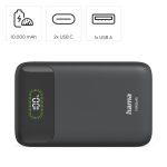 HAMA Външна батерия "PD10-W20", 10000 mAh, 3 изхода: 2 x USB-C, USB-A, Бързо зареждане - Power Bank - снимка 8