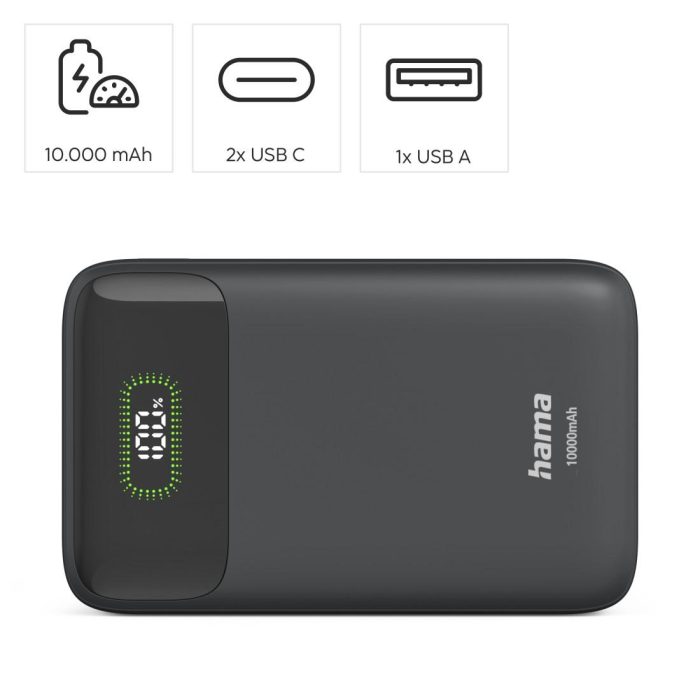 HAMA Външна батерия "PD10-W20", 10000 mAh, 3 изхода: 2 x USB-C, USB-A, Бързо зареждане - Power Bank - снимка 8