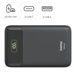 HAMA Външна батерия "PD20-W20", 20000 mAh, 3 изхода: 2 x USB-C, USB-A, Бързо зареждане - Power Bank - снимка 8