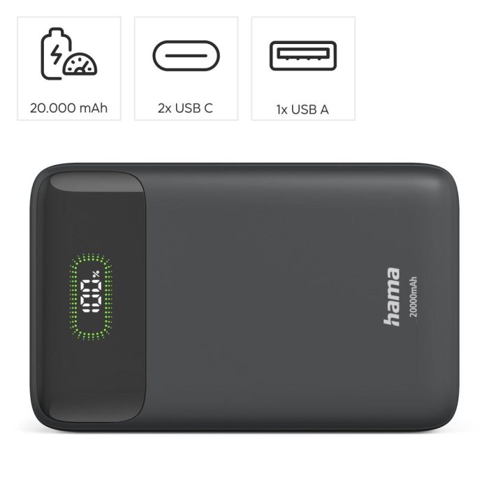 HAMA Външна батерия "PD20-W20", 20000 mAh, 3 изхода: 2 x USB-C, USB-A, Бързо зареждане - Power Bank - снимка 8