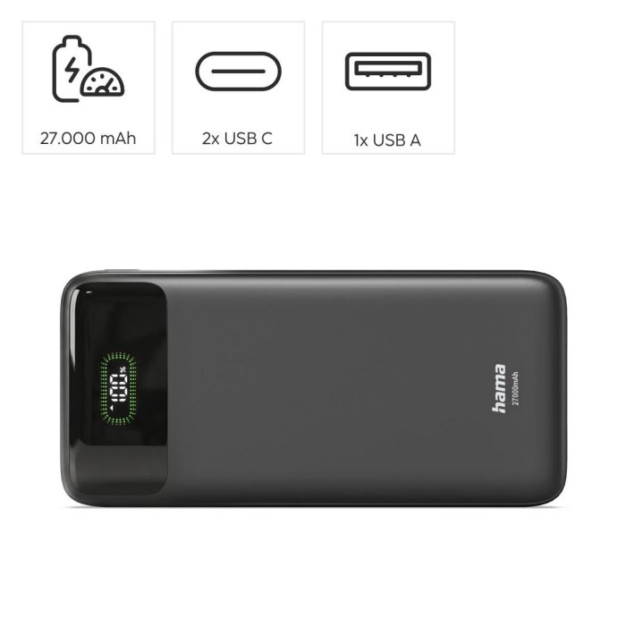 HAMA Външна батерия "PD27-W65", 27000 mAh, Изходи: 2xUSB-C, USB-A, Бързо зареждане - Power Bank - снимка 8