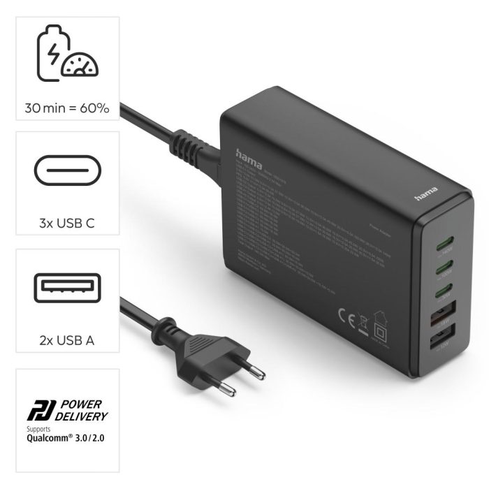 HAMA Зарядна станция 140 W, GaN, Fast Charger, 3 x USB-C, 2 x USB-A, PD - Зарядно за лаптоп - снимка 12