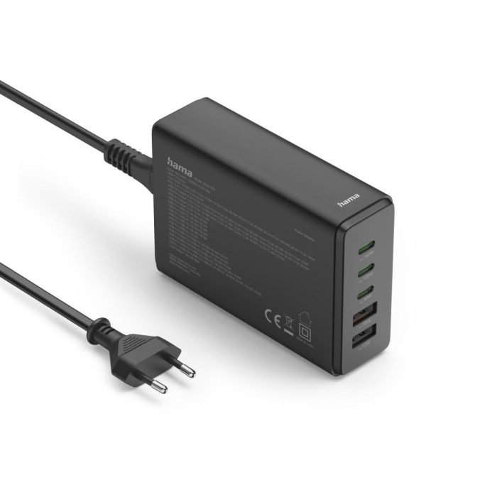HAMA Зарядна станция 140 W, GaN, Fast Charger, 3 x USB-C, 2 x USB-A, PD - Зарядно за лаптоп - снимка 2