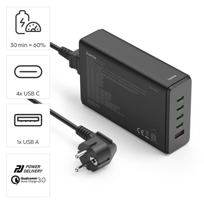 HAMA Зарядна станция 240 W, GaN, Fast Charger, 4 x USB-C, 1 x USB-A, PD - Зарядно за лаптоп - снимка 13