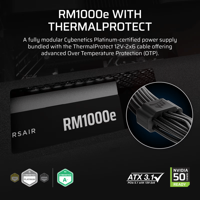 Захранващ блок Corsair RMe RM1000e Black 1000W 80+ Gold ATX 3.1, Thermal Protect - Захранвания за компютър - снимка 3