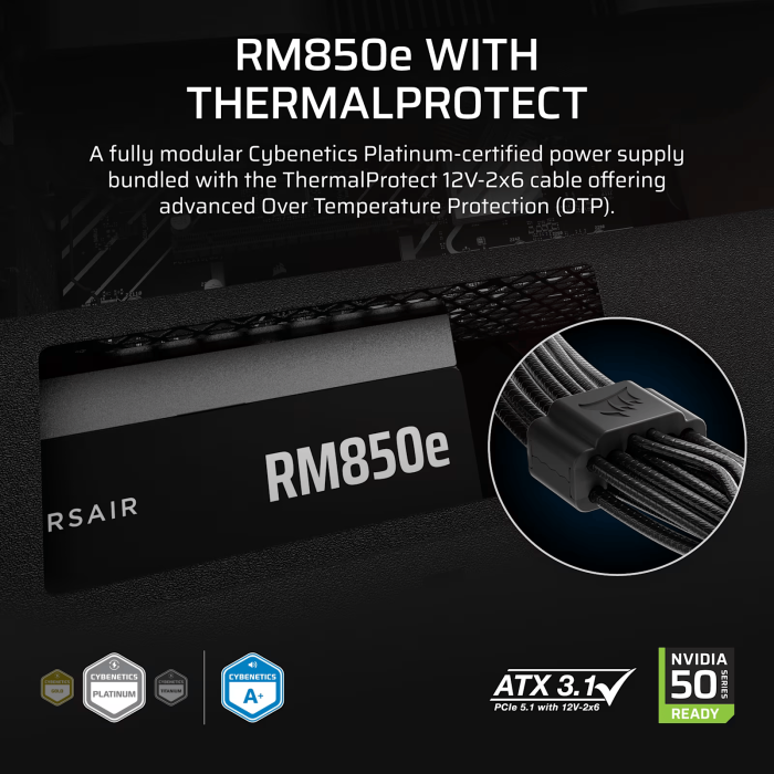 Захранващ блок Corsair RMe RM850e Black 850W 80+ Platinum ATX 3.1, Thermal Protect - Захранвания за компютър - снимка 3